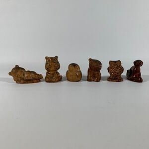 Vintage Miniature Cottagecore Folk Brown Animals Owl Hippo Bear Dog Set of 6